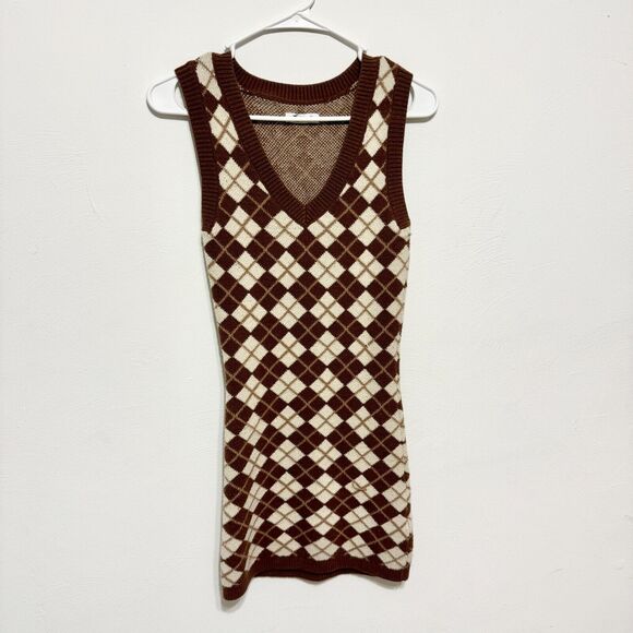 Hollister Dress Women Size XS Brown Plaid Sleeveless Cotton Knit Sweater Mini - Picture 1 of 7